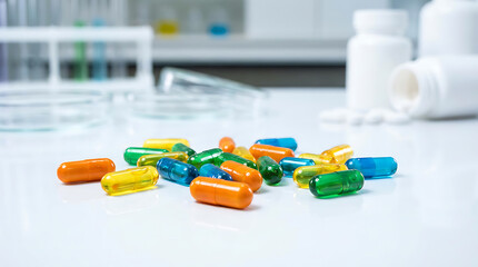Colorful Pharmaceutical Capsules Scattered on a Laboratory Surface.