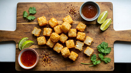 Crispy Tofu Bites with Dipping Sauce and Lime.