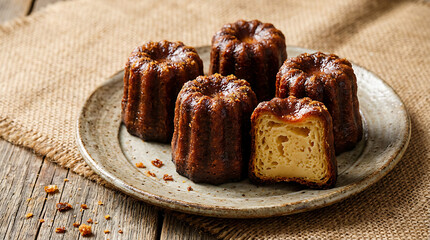 Delicious French Caneles Pastries on a Rustic Plate.