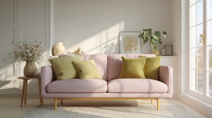 Modern living room with a pink sofa in the center. the sofa is upholstered in a soft pink fabric and has three green throw pillows on it.