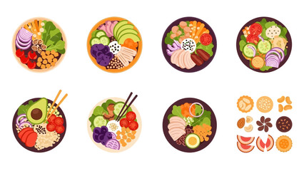 Variety of colorful and healthy poke bowls with fresh ingredients for a nutritious meal