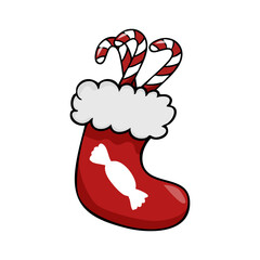 Vector color hand drawn illustration of red Christmas sock on white background