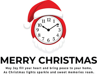 Christmas greeting logo vector with festive clock showing 10:10, wearing red and white Santa hat