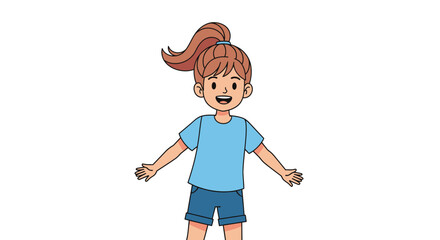 Illustration of a smiling girl with ponytail wearing blue clothes on a white background