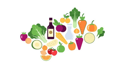 Colorful collection of fresh fruits and vegetables, with healthy ingredients, abstractly arranged to represent balanced nutrition, wellness, and a vibrant lifestyle