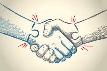 A sketch of two hands shaking, with puzzle pieces fitting together