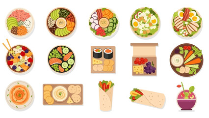Fototapeta premium A diverse collection of healthy food dishes and nutritious meal options shown from a top-down view, including salads, bowls, wraps, and snacks