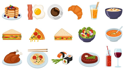 Appetizing vector illustrations presenting a diverse array of prepared foods, including breakfast staples, wholesome lunches, and satisfying dinners for various culinary themes and occasions