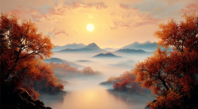 Serene Autumn Landscape with Golden Sun and Misty Mountains - Powered by Adobe