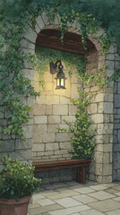 A Serene Outdoor Corner: Elegant Stone Architecture with Lush Ivy and a Cozy Lantern &mdash; Perfect for Relaxation and Tranquility in Your Garden Space