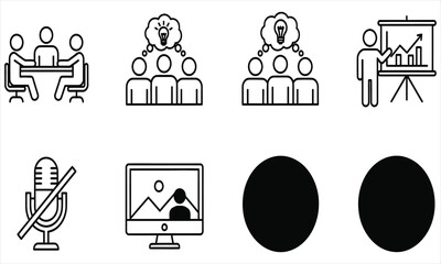 Fototapeta premium A collection of line icons representing business concepts like teamwork, presentation, brainstorming, and virtual meetings