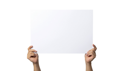 Hands holding a blank white square sign or poster up for display in front of the viewer isolated on a neutral background with png background