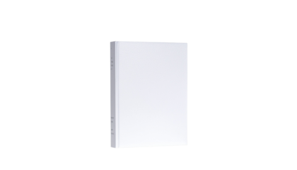 A closed book with a plain white cover is standing upright and facing forward in a simple presentation style no background