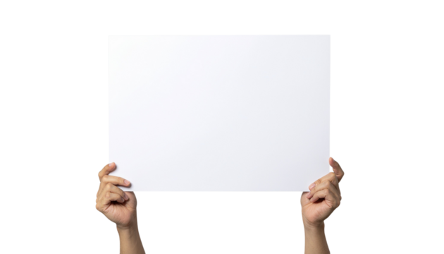 Hands holding a blank white square sign or poster up for display in front of the viewer isolated on a neutral background with png background