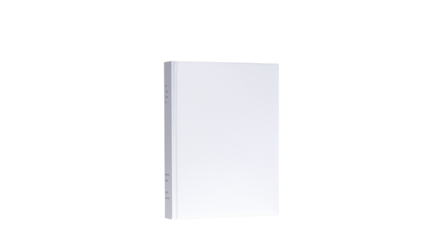 A closed book with a plain white cover is standing upright and facing forward in a simple presentation style no background