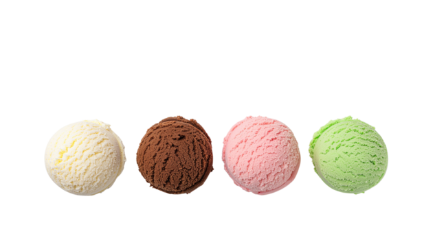 Various flavors of ice cream scoops in a row including vanilla chocolate strawberry and mint are displayed plain white background and png