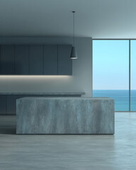 Modern kitchen interior design with ocean view from large windows during daylight