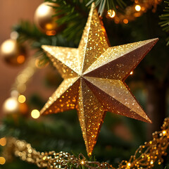 Sparkling golden star ornament on a decorated christmas tree