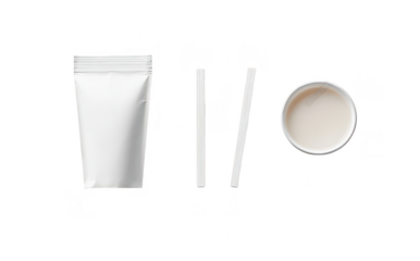 Minimalistic composition featuring a white tube. two white sticks. and a small cup of liquid. set against a clean background. ideal for product packaging or branding concepts