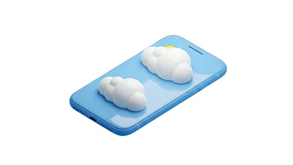 Light Blue Smartphone Displaying White Fluffy Clouds and a Golden Sun Icon Representing Weather Forecast Concept Isolated on a Clean White Background with Subtle Reflections