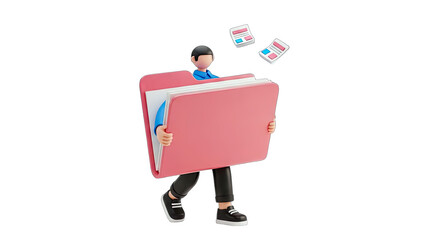 Male Character Carefully Carrying a Large Pink Folder Overflowing with Documents Isolated on a Transparent Background with Papers Flying Around