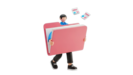 Male Character Carefully Carrying a Large Pink Folder Overflowing with Documents Isolated on a Transparent Background with Papers Flying Around