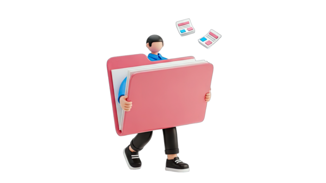 Male Character Carefully Carrying a Large Pink Folder Overflowing with Documents Isolated on a Transparent Background with Papers Flying Around - Powered by Adobe