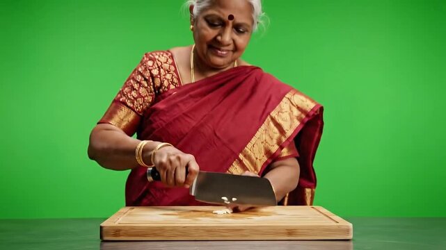 Elderly South Asian Woman In Traditional Red Saree Chopping Ingredients On A Wooden Cutting Board Against A Vibrant Green Screen Background Preparing