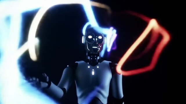 Futuristic robot interacts with glowing digital energy on a dark background