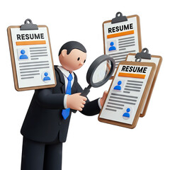 Male Recruit Examining Multiple Resume Documents with Magnifying Glass in a Professional Recruitment Concept with a Transparent Background Showing Detailed Professional Graphics