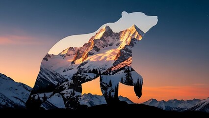 Majestic Bear Silhouette Reveals Snowy Mountain Landscape at Sunset Nature's Wonder