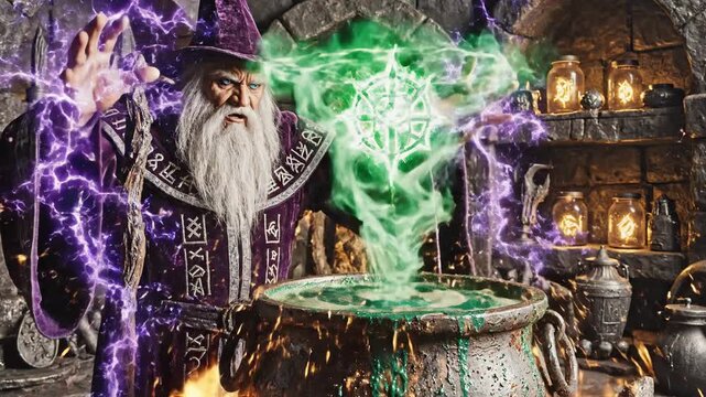 Bearded wizard casts magic over bubbling cauldron