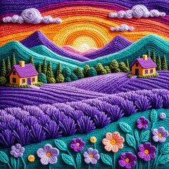 Yarn artwork showing a sunset over purple lavender fields with houses, trees, and colorful flowers in a textured landscape