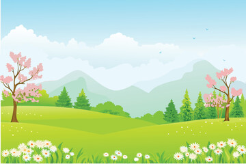 Fototapeta premium a serene landscape with rolling green hills mountains and blossoming trees high quality