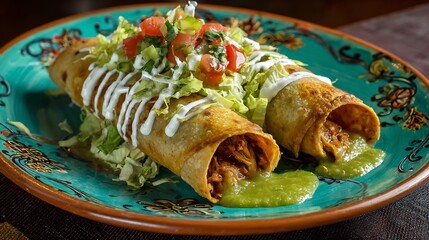 Mexican tacos dorados crispy rolled tacos filled chicken topped with lettuce sour cream and green salsa on a hand painted ceramic plate