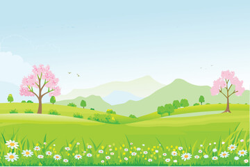 a vibrant landscape featuring rolling green hills blossoming trees and distant mountains