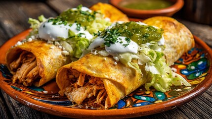 Crispy Chicken Tacos Dorados with Fresh Lettuce, Creamy Topping, and Zesty Green Salsa on a Vibrant Plate, Traditional Mexican Cuisine, Detailed Macro Shot, Food Photography