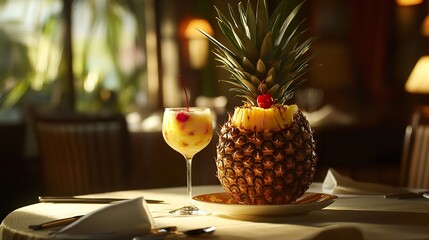 Exotic pineapple cocktail drink with cherry garnish tropical vacation resort bar restaurant summer vibes