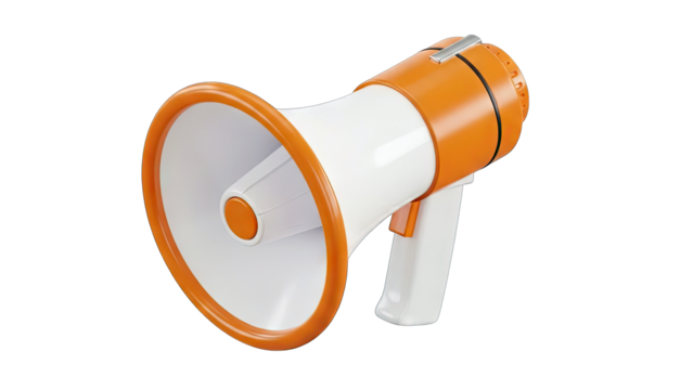 Orange and White Megaphone with a Transparent Background Showing a Classic Speaker Device for Amplifying Sound and Making Announcements