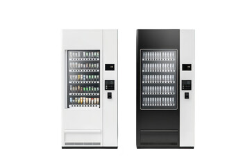 Two modern vending machines. one white and one black. positioned side by side in a clean. minimalist space. a variety of snacks and beverages available for purchase