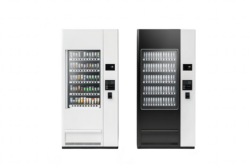 Two modern vending machines. one white and one black. positioned side by side in a clean. minimalist space. a variety of snacks and beverages available for purchase