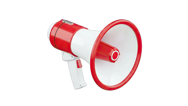 Red and White Megaphone Device Isolated on Transparent Background Representing Announcement Communication Sound Amplification and Public Address Announcements