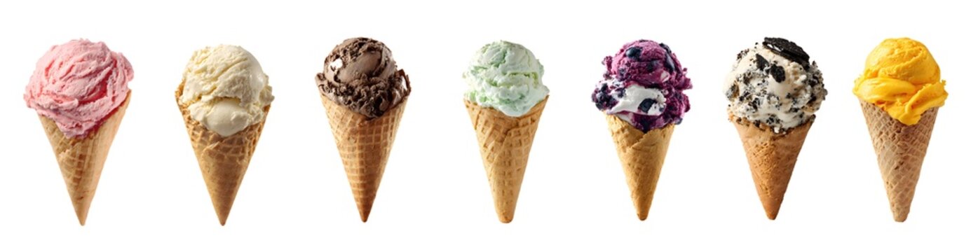 Ice cream cone assortment isolated on a transparent PNG background, white background, cut out