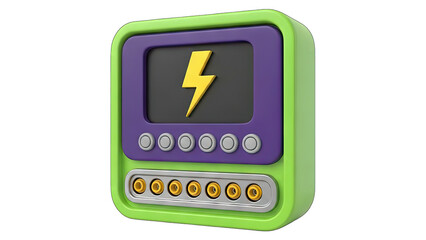 Retro Cartoon Television Displaying Yellow Lightning Bolt Symbol on Screen Against White Background with Green Frame and Purple Bezel and Six Control Knobs