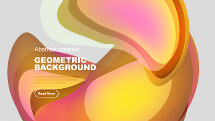 Abstract shapes overlap, creating vibrant color gradients. Design features text, button, dark backdrop. Modern, fluid aesthetic.