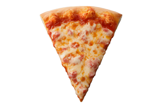 Delicious pizza slice with melted cheese and red sauce isolated on black