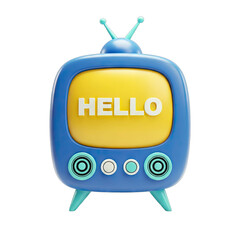 Retro Blue Television Set Displaying White Text Hello Message on Bright Yellow Screen Isolated on Black Background Studio Lighting Fun and Whimsical Design