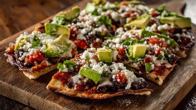 Vibrant Oaxaca Tlayuda with Fresh Diced Tomatoes, Red Onion, Creamy Avocado, and Crumbled Cheese, Sliced on a Rustic Wooden Board, Authentic Mexican Street Food, High-Quality Culinary Presentation