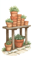 Fototapeta premium Charming Arrangement of Terracotta Pots with Lush Green Plants for a Serene Garden Aesthetic