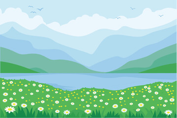Obraz premium a peaceful landscape showing mountains a lake and a field of daisies